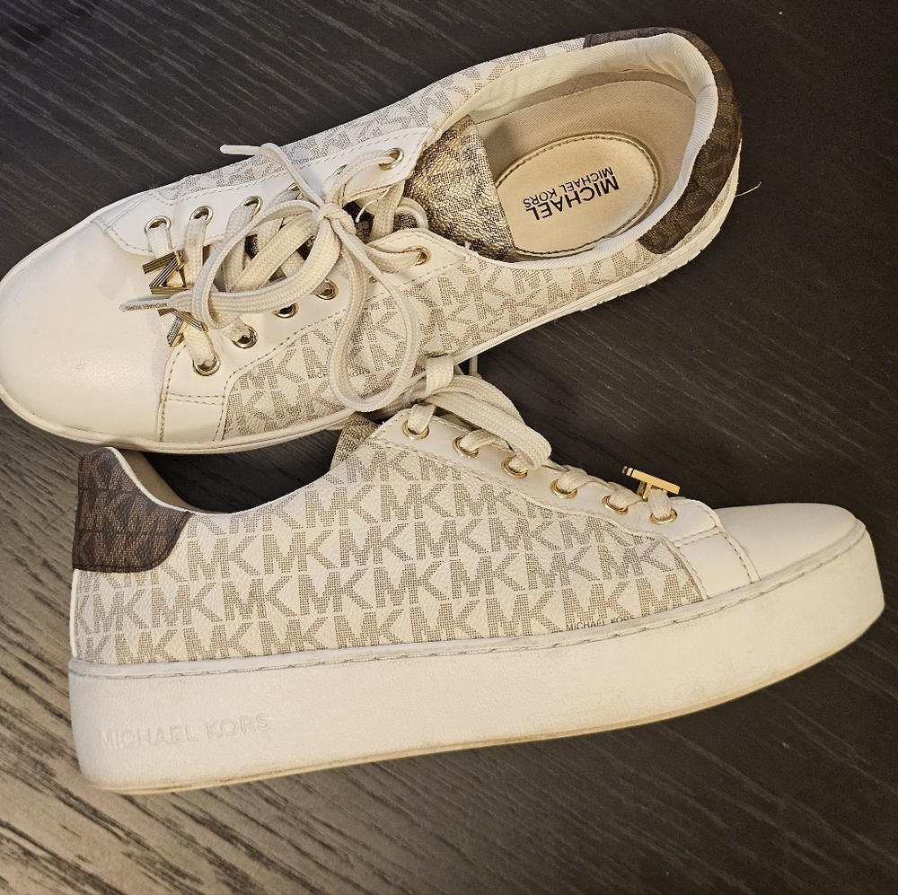 Michael Kors Women's White and Brown Logo Sneakers